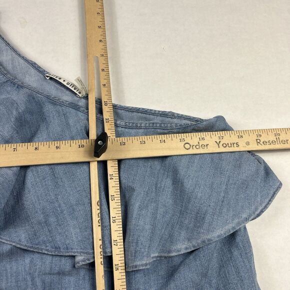 Alice + Olivia One Shoulder Chambray Top Linen Blend Ruffled Blue Shirt Large - Picture 6 of 9